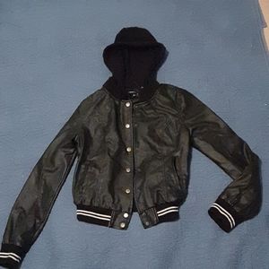 Black leather jacket with a hood